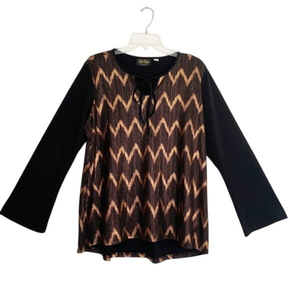 Bob Mackie Wearable Art Black & Gold Metallic Chevron Print Blouse Womens Size L